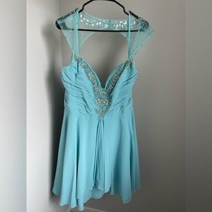 Blue open back sequin a-line dress by May Queen